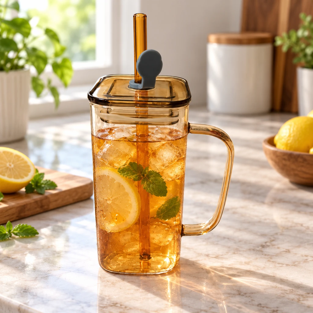 Borosilicate Glass Mug with Lid & Straw — 380ml - view 3
